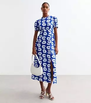 Синее платье-миди с короткими рукавами и цветочным принтом New Look, синий