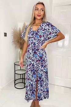 Синее платье-миди с короткими рукавами и V-образным вырезом с цветочным принтом и галстуком AX Paris, синий