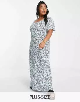 Синее платье миди с квадратным вырезом Yours и цветочным принтом