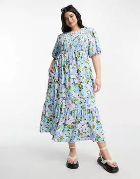 Синее платье миди с объемными рукавами и присборенными рукавами Nothing's Child Plus Kelsie