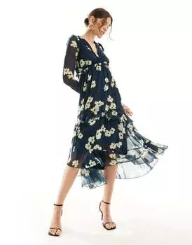 Синее платье миди с оборками Stye Cheat