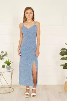 Синее платье-миди с принтом Ditsy и разрезом по бокам Yumi, синий