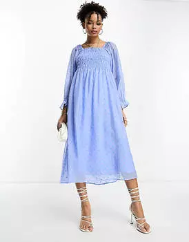 Синее платье миди с присборенным лифом YAS в сетку добби