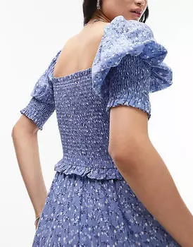 Синее платье миди с присборками и короткими рукавами Topshop