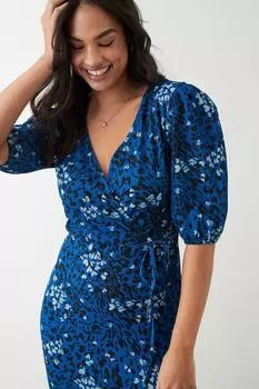 Синее платье миди с пышными рукавами и запахом с принтом Dorothy Perkins, синий