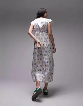 Синее платье миди с v-образным вырезом и принтом Topshop