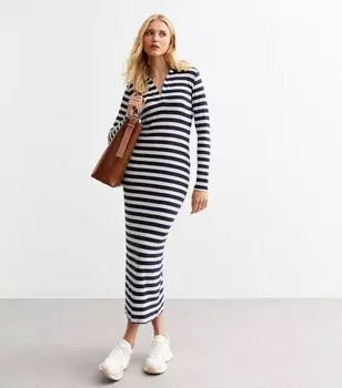 Синее платье-миди с воротником в рубчик и полоску New Look, синий