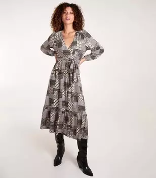 Синее платье миди с запахом спереди и ванильно-хаки в стиле пэчворк Blue Vanilla, хаки