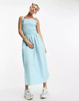 Синее платье миди со сборками и строчкой Native Youth