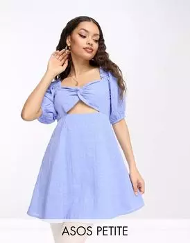 Синее платье мини из клетчатого ворса с узлом спереди ASOS Design Petite