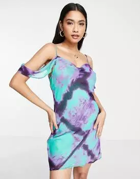 Синее платье мини на бретельках с открытыми плечами Topshop