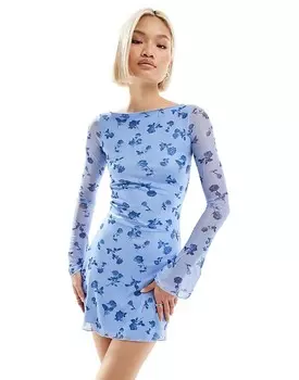 Синее платье мини с длинными рукавами и флоковым принтом Motel sevila