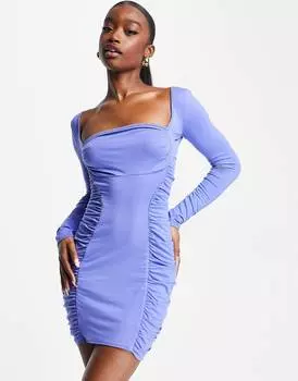 Синее платье мини с длинными рукавами и хомутом и рюшами ASOS DESIGN