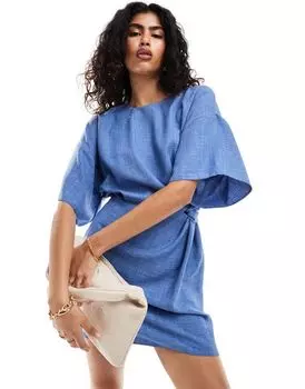 Синее платье мини с драпировкой и хлястиком на талии ASOS DESIGN