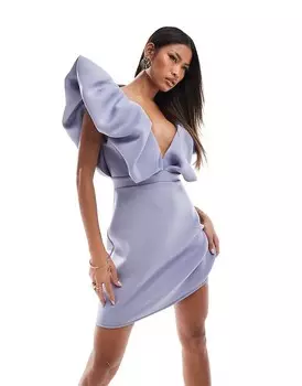 Синее платье мини с глубоким вырезом и двойными пышными формами ASOS DESIGN