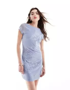 Синее платье мини с короткими рукавами и цветочной вышивкой ASOS DESIGN