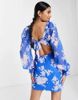 Синее платье мини с объемными рукавами и деталью на груди ASOS DESIGN с крупным цветочным принтом