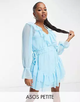 Синее платье мини с оборками на талии и фактурной шифоновой талии ASOS DESIGN Petite