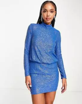 Синее платье мини с пайетками и высоким вырезом ASOS DESIGN