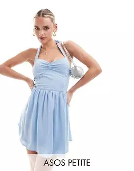 Синее платье мини с плиссированной юбкой и завязками ASOS DESIGN Petite