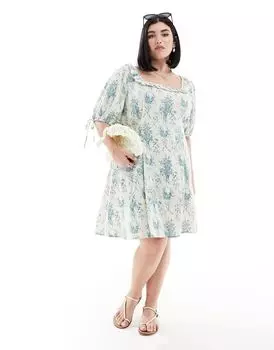Синее платье мини с пышными рукавами и оборками ASOS DESIGN Curve