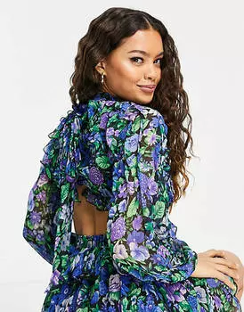 Синее платье мини с рюшами и шнуровкой на спине ASOS DESIGN Petite