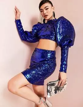 Синее платье мини с вырезами и пайетками ASOS LUXE