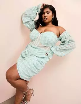 Синее платье мини с запахом и корсетом ASOS LUXE Curve с украшением ASOS LUXE Curve