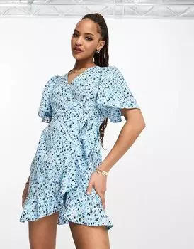 Синее платье мини с запахом спереди и цветочным принтом Vero Moda