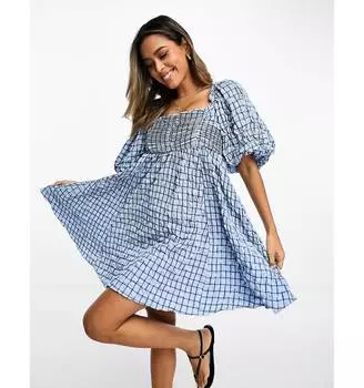 Синее платье мини в клетку River Island