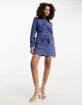 Синее платье-рубашка из твила ASOS с контрастной строчкой и поясом