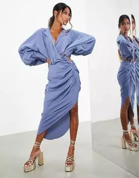 Синее платье-рубашка миди с фактурной драпировкой и завязками ASOS EDITION