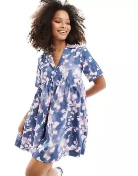 Синее платье-рубашка мини с воротником-стойкой и корсетным низом ASOS DESIGN