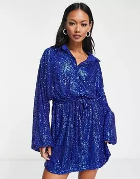 Синее платье-рубашка оверсайз с пайетками и поясом ASOS