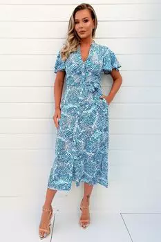 Синее платье-рубашка с короткими рукавами и застежкой на пуговицы с поясом AX Paris, синий