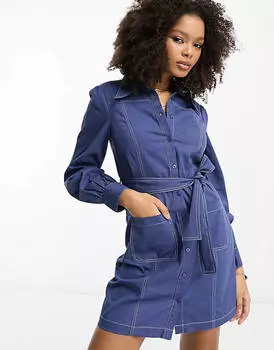 Синее платье-рубашка с твиловым поясом и контрастной строчкой ASOS DESIGN