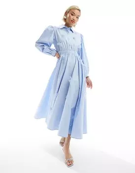 Синее платье-рубашка средней длины с тюлевым бантом Sister Jane