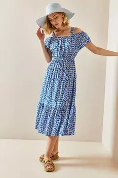 Синее платье с низкими плечами и цветочным узором 3YXK6-47311-12 XHAN