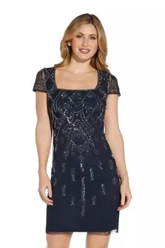 Синее платье с полурукавами и бусинами Adrianna Papell, синий