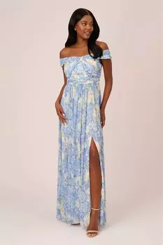 Синее платье с принтом и открытыми плечами Adrianna Papell, синий