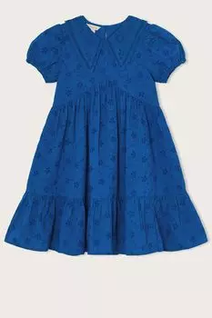 Синее платье с воротником и английской вышивкой Monsoon, синий