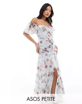 Синее платье со сборками и оборками ASOS DESIGN Petite