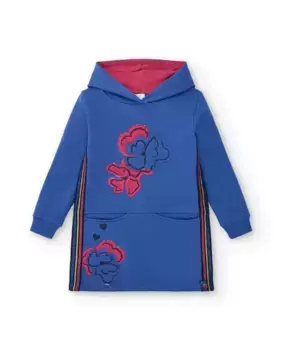 Синее платье-толстовка для девочки с капюшоном и цветочным мотивом Tuc tuc