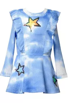Синее платье вафельной вязки L/S с принтом тай-дай для девочек Baby Sara