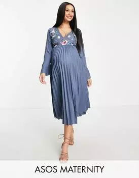 Синее плиссированное платье миди с вышивкой ASOS DESIGN Maternity