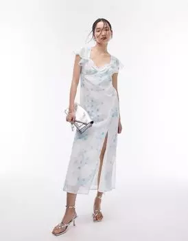 Синее праздничное платье макси с разрезом спереди и оборками Topshop