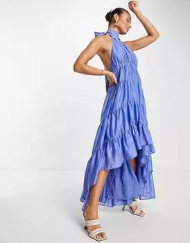 Синее ярусное платье макси из вуали с завязками на спине ASOS DESIGN ASOS DESIGN