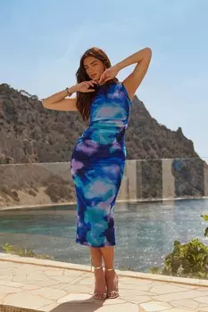 Синее сетчатое платье Midaxi с принтом тай-дай QUIZ Clothing