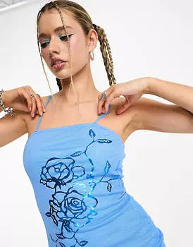 Синее сетчатое платье мини на бретелях Tammy Girl с розой Hotfix