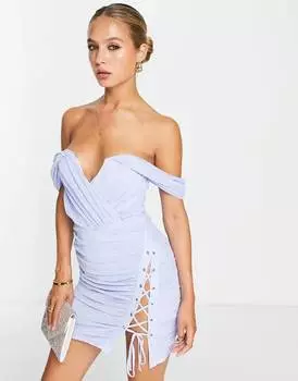 Синее сетчатое платье мини с открытыми плечами и шнуровкой ASOS DESIGN